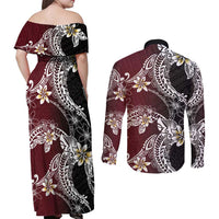 Polynesian Hawaiian Plumeria Tribal Pattern Couples Matching Off Shoulder Maxi Dress and Long Sleeve Button Shirt Special Wine Red Version