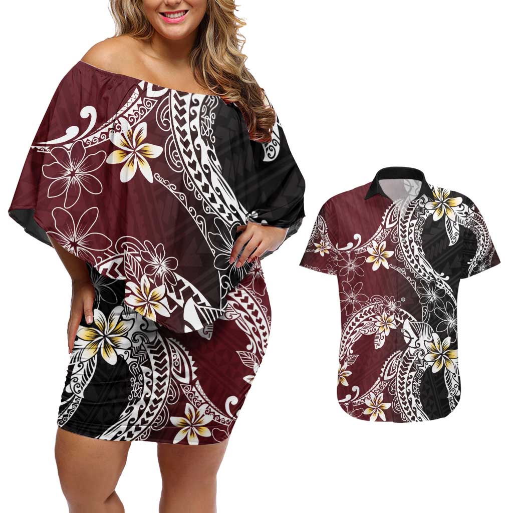 Polynesian Hawaiian Plumeria Tribal Pattern Couples Matching Off Shoulder Short Dress and Hawaiian Shirt Special Wine Red Version