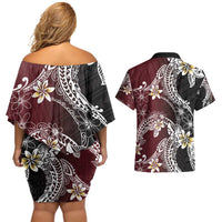 Polynesian Hawaiian Plumeria Tribal Pattern Couples Matching Off Shoulder Short Dress and Hawaiian Shirt Special Wine Red Version