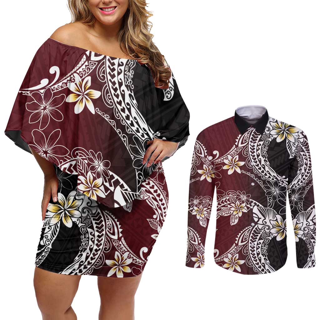 Polynesian Hawaiian Plumeria Tribal Pattern Couples Matching Off Shoulder Short Dress and Long Sleeve Button Shirt Special Wine Red Version