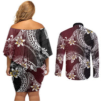 Polynesian Hawaiian Plumeria Tribal Pattern Couples Matching Off Shoulder Short Dress and Long Sleeve Button Shirt Special Wine Red Version
