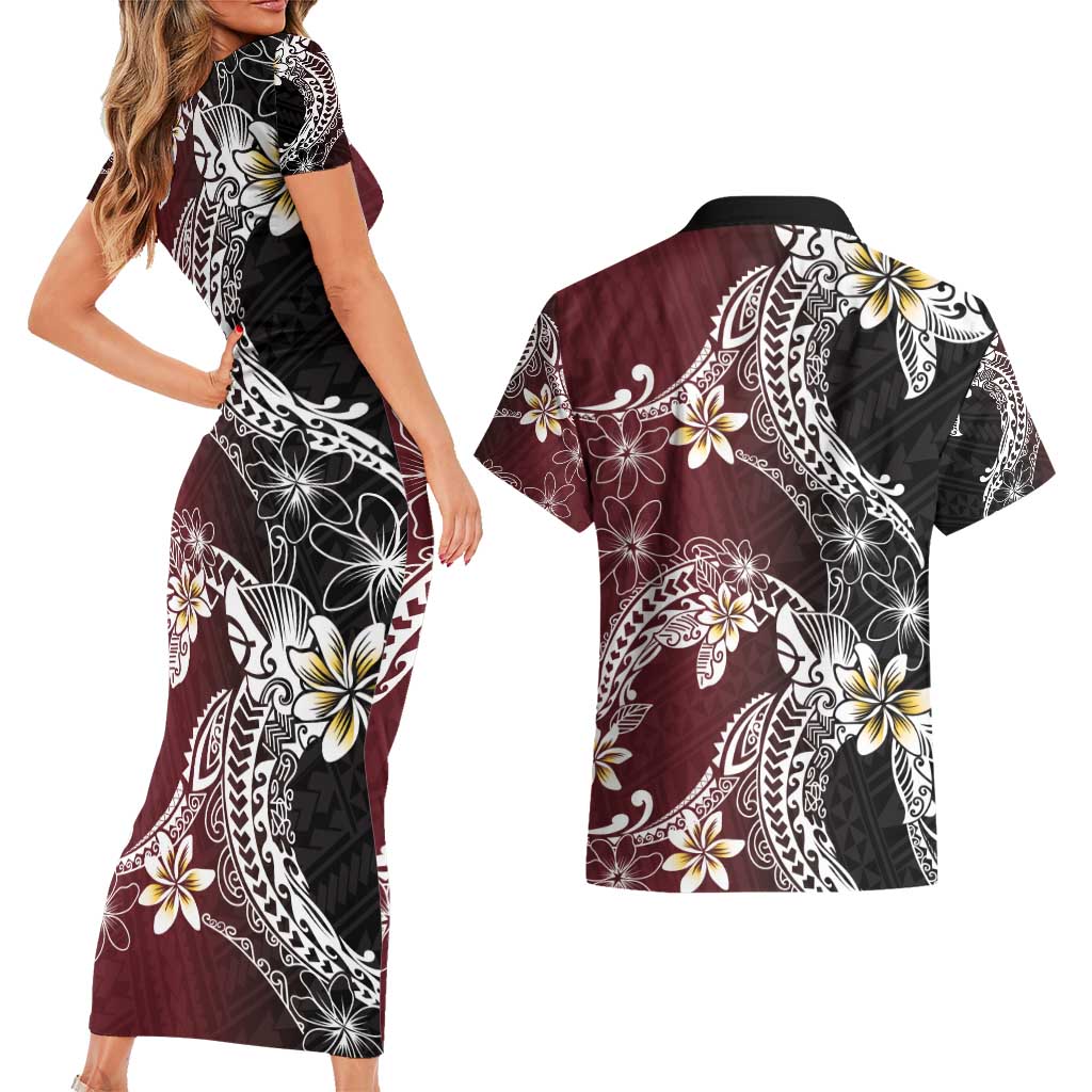 Polynesian Hawaiian Plumeria Tribal Pattern Couples Matching Short Sleeve Bodycon Dress and Hawaiian Shirt Special Wine Red Version