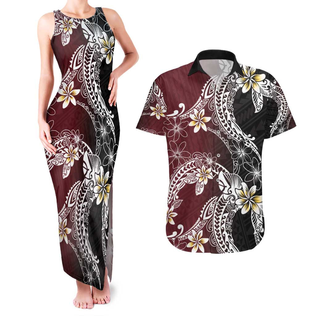 Polynesian Hawaiian Plumeria Tribal Pattern Couples Matching Tank Maxi Dress and Hawaiian Shirt Special Wine Red Version