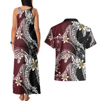 Polynesian Hawaiian Plumeria Tribal Pattern Couples Matching Tank Maxi Dress and Hawaiian Shirt Special Wine Red Version