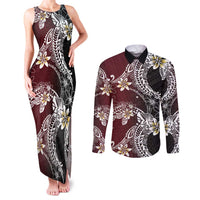 Polynesian Hawaiian Plumeria Tribal Pattern Couples Matching Tank Maxi Dress and Long Sleeve Button Shirt Special Wine Red Version