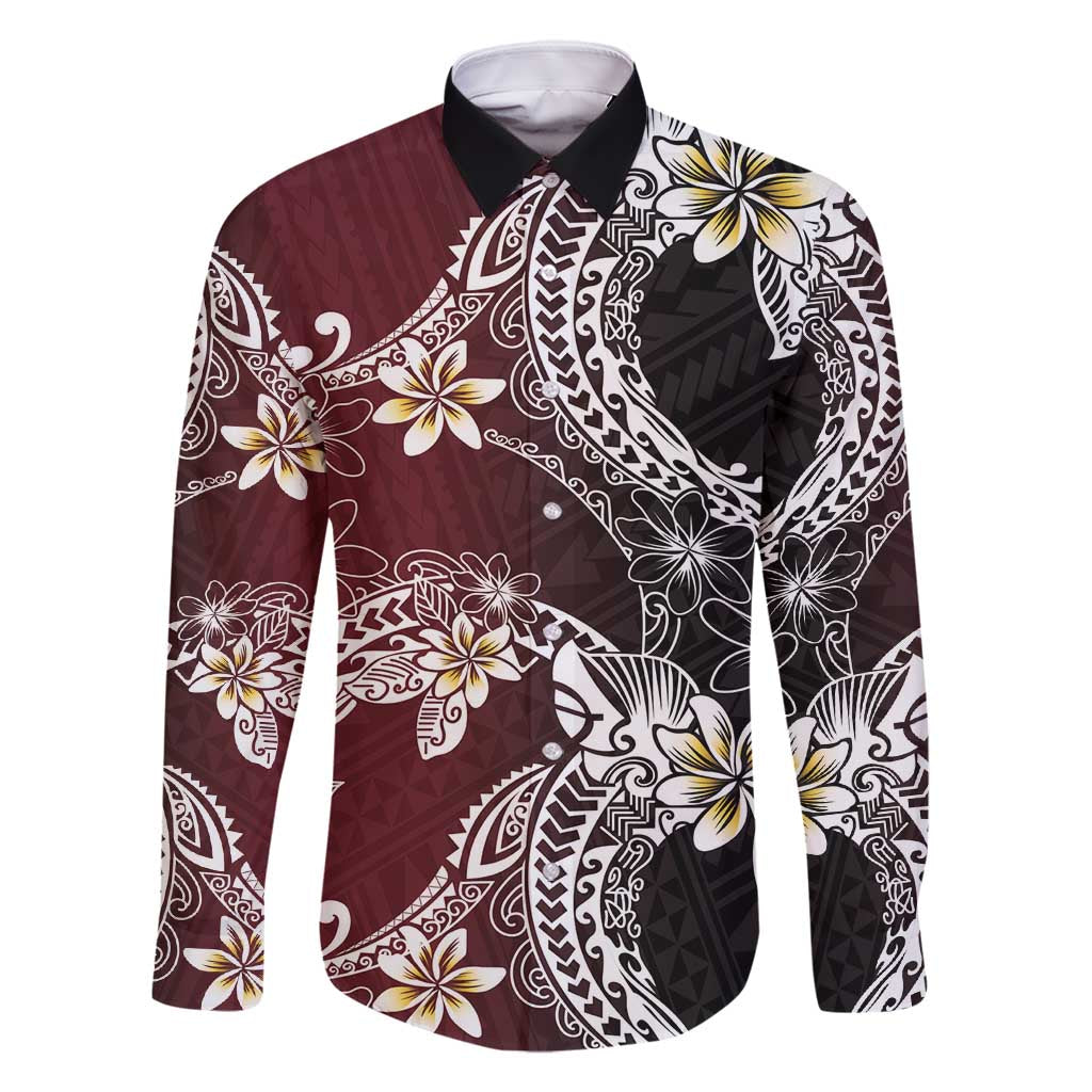 Polynesian Hawaiian Plumeria Tribal Pattern Family Matching Long Sleeve Bodycon Dress and Hawaiian Shirt Special Wine Red Version
