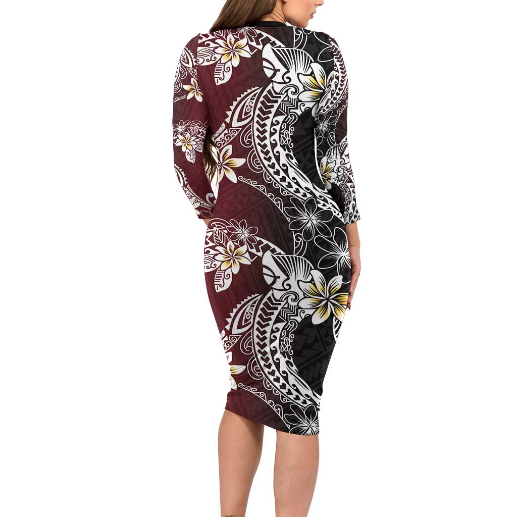 Polynesian Hawaiian Plumeria Tribal Pattern Family Matching Long Sleeve Bodycon Dress and Hawaiian Shirt Special Wine Red Version
