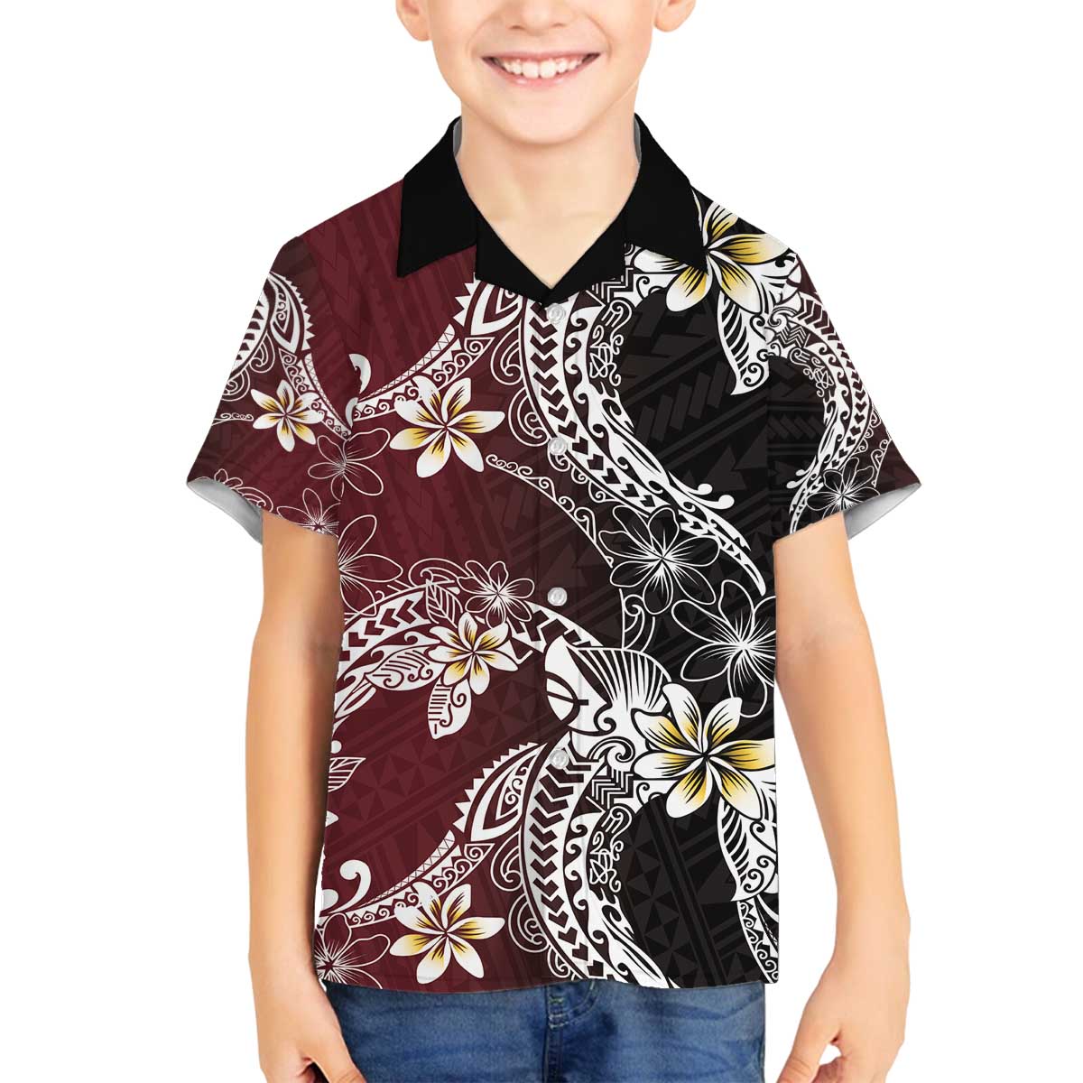 Polynesian Hawaiian Plumeria Tribal Pattern Family Matching Off The Shoulder Long Sleeve Dress and Hawaiian Shirt Special Wine Red Version