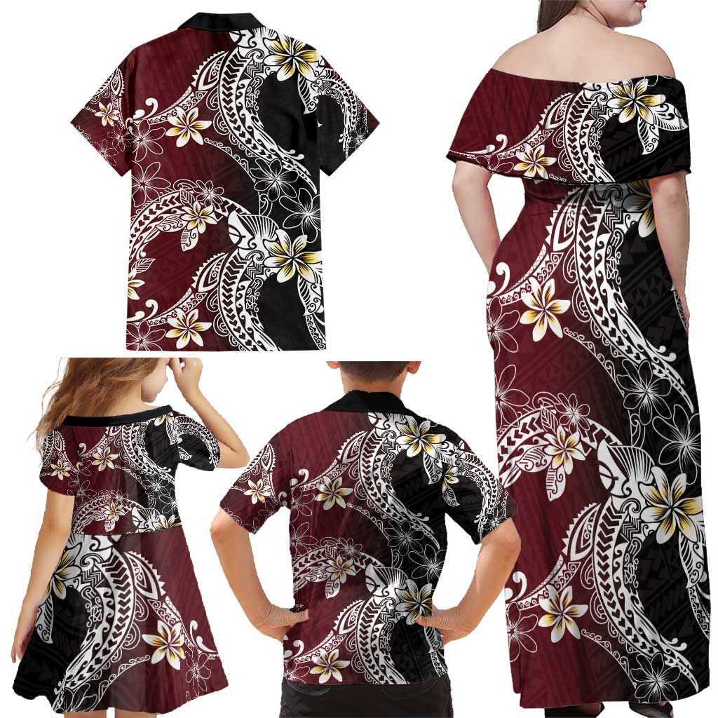 Polynesian Hawaiian Plumeria Tribal Pattern Family Matching Off Shoulder Maxi Dress and Hawaiian Shirt Special Wine Red Version