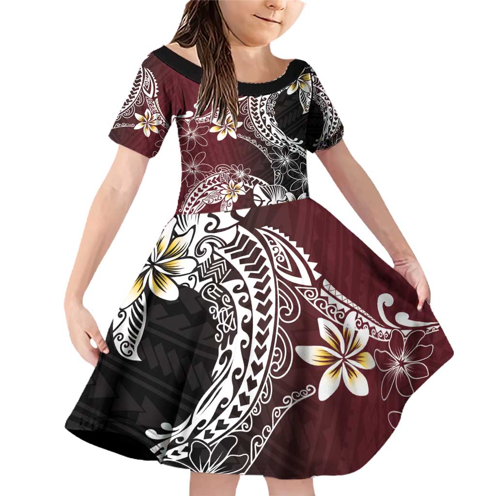 Polynesian Hawaiian Plumeria Tribal Pattern Family Matching Off Shoulder Short Dress and Hawaiian Shirt Special Wine Red Version