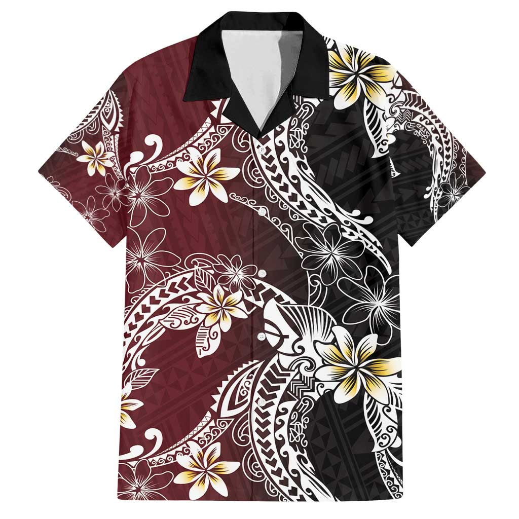 Polynesian Hawaiian Plumeria Tribal Pattern Family Matching Off Shoulder Short Dress and Hawaiian Shirt Special Wine Red Version