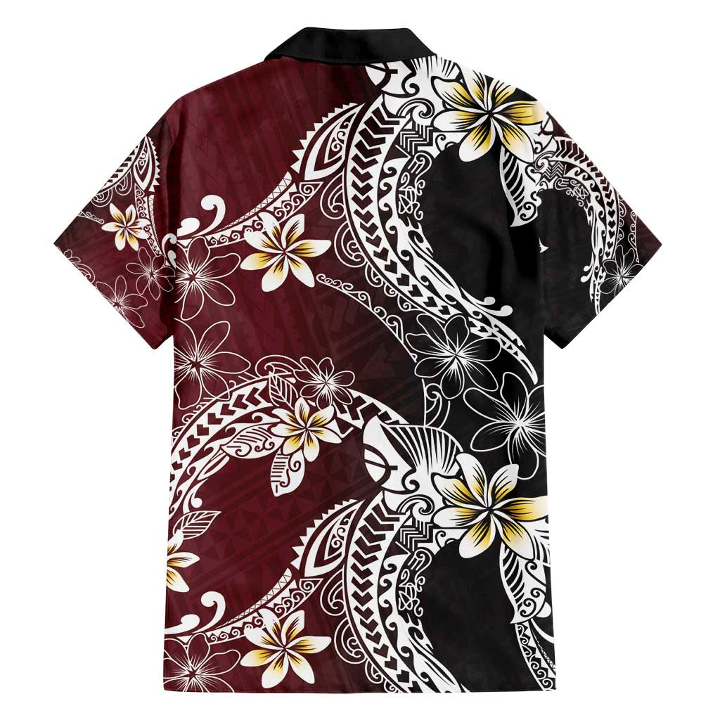 Polynesian Hawaiian Plumeria Tribal Pattern Family Matching Off Shoulder Short Dress and Hawaiian Shirt Special Wine Red Version