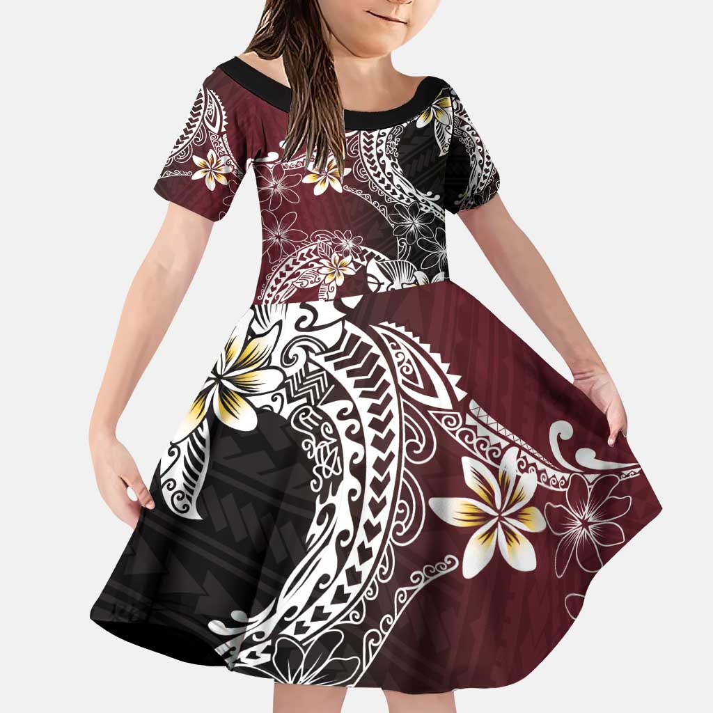 Polynesian Hawaiian Plumeria Tribal Pattern Family Matching Puletasi and Hawaiian Shirt Special Wine Red Version LT01 Daughter's Dress Red - Polynesian Pride