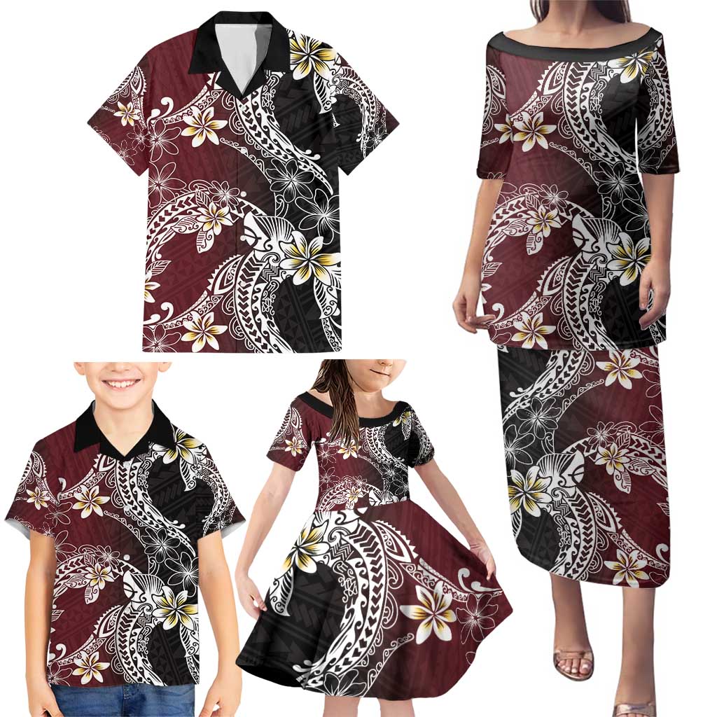 Polynesian Hawaiian Plumeria Tribal Pattern Family Matching Puletasi and Hawaiian Shirt Special Wine Red Version LT01 - Polynesian Pride