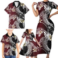 Polynesian Hawaiian Plumeria Tribal Pattern Family Matching Short Sleeve Bodycon Dress and Hawaiian Shirt Special Wine Red Version