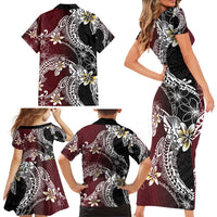 Polynesian Hawaiian Plumeria Tribal Pattern Family Matching Short Sleeve Bodycon Dress and Hawaiian Shirt Special Wine Red Version