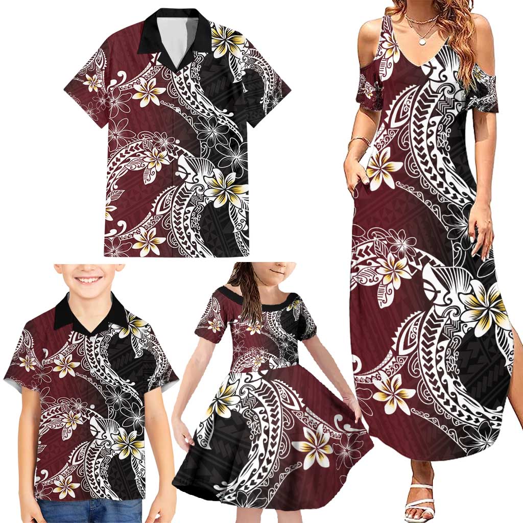 Polynesian Hawaiian Plumeria Tribal Pattern Family Matching Summer Maxi Dress and Hawaiian Shirt Special Wine Red Version