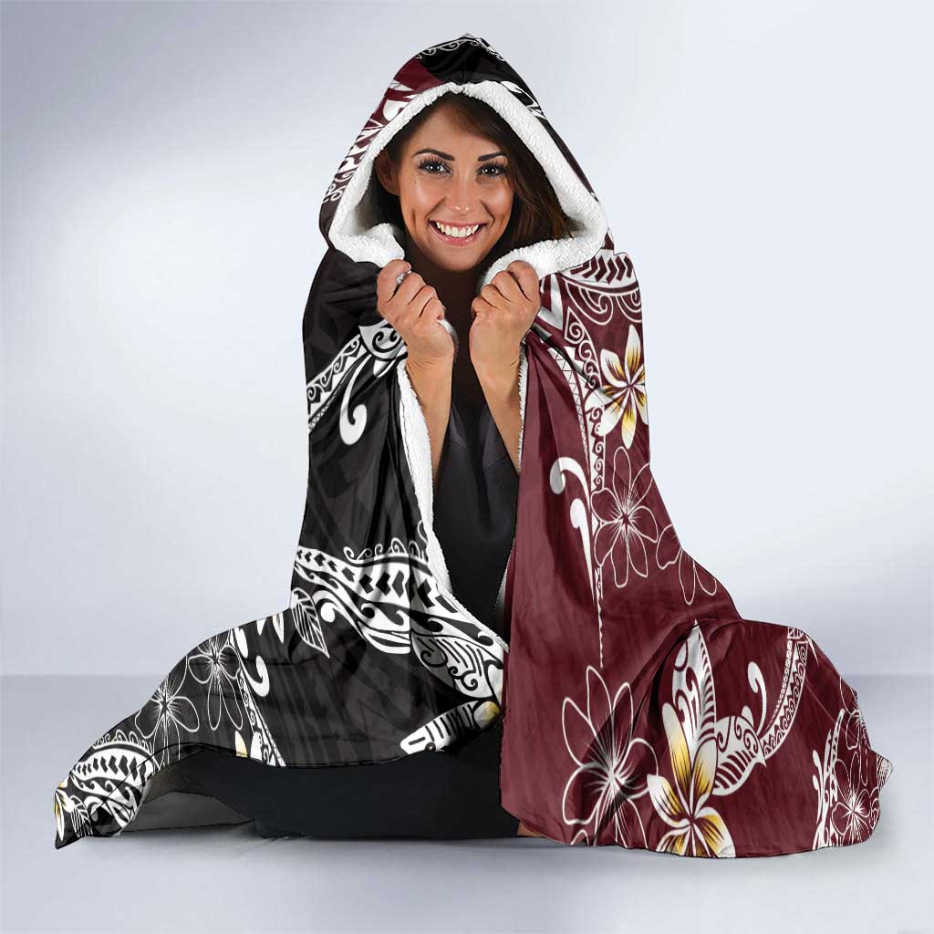 Polynesian Hawaiian Plumeria Tribal Pattern Hooded Blanket Special Wine Red Version