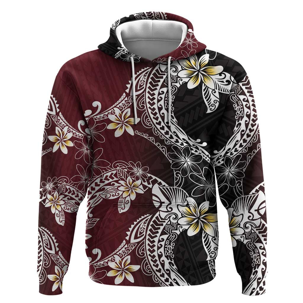 Polynesian Hawaiian Plumeria Tribal Pattern Hoodie Special Wine Red Version