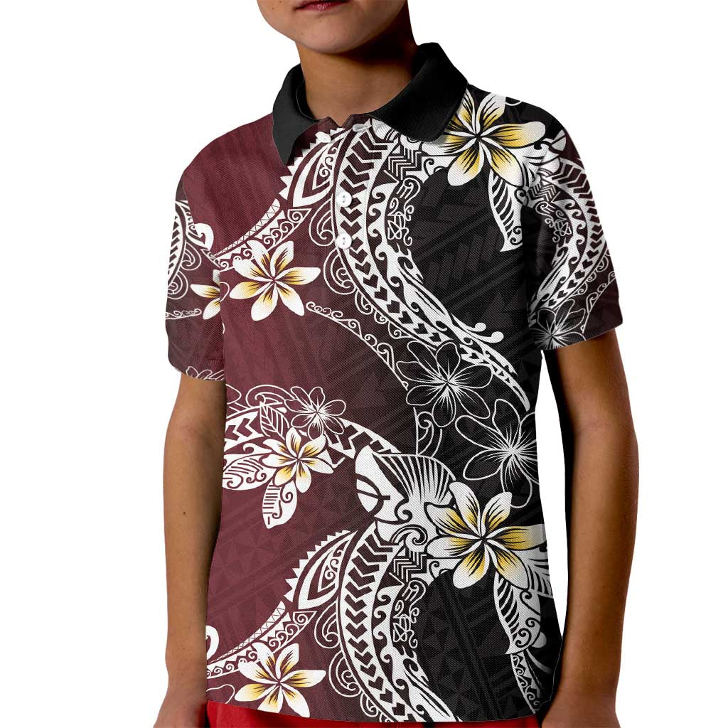 Polynesian Hawaiian Plumeria Tribal Pattern Kid Polo Shirt Special Wine Red Version