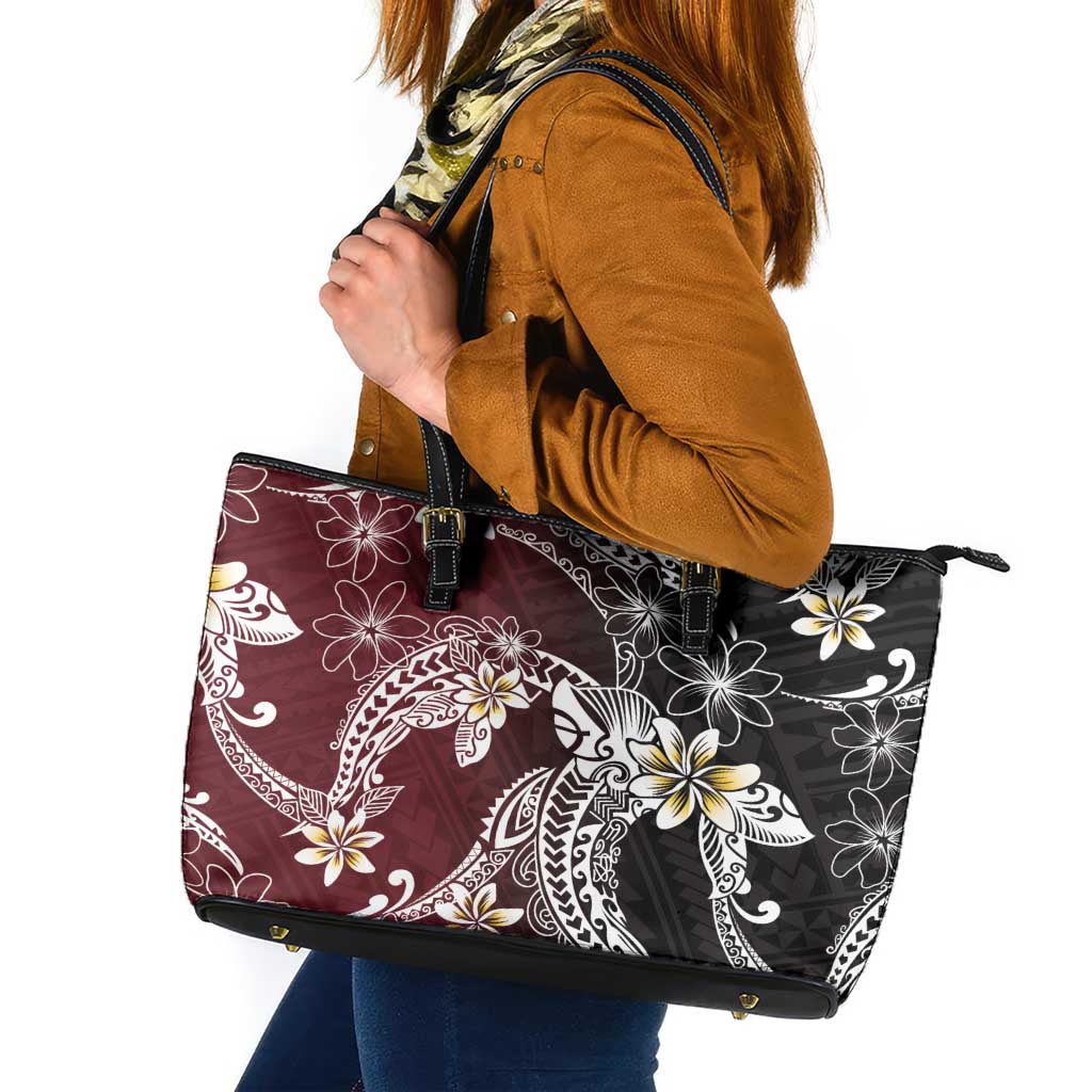 Polynesian Hawaiian Plumeria Tribal Pattern Leather Tote Bag Special Wine Red Version LT01 Red - Polynesian Pride