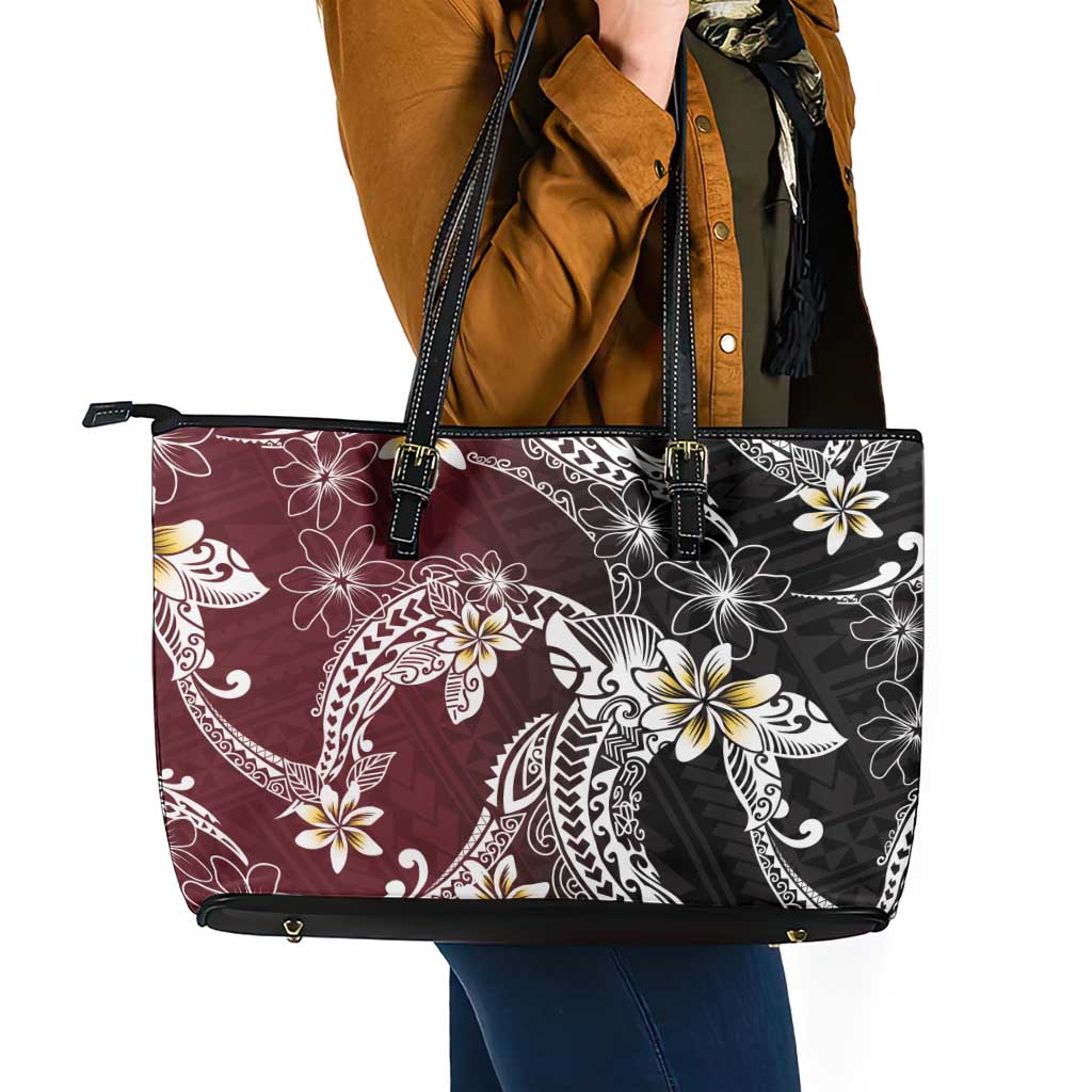 Polynesian Hawaiian Plumeria Tribal Pattern Leather Tote Bag Special Wine Red Version LT01 - Polynesian Pride