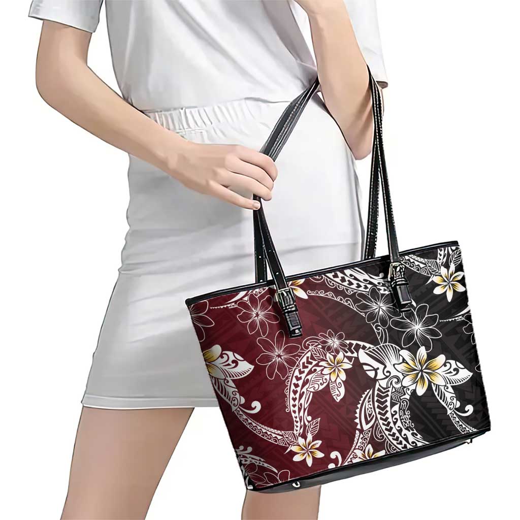 Polynesian Hawaiian Plumeria Tribal Pattern Leather Tote Bag Special Wine Red Version LT01 - Polynesian Pride
