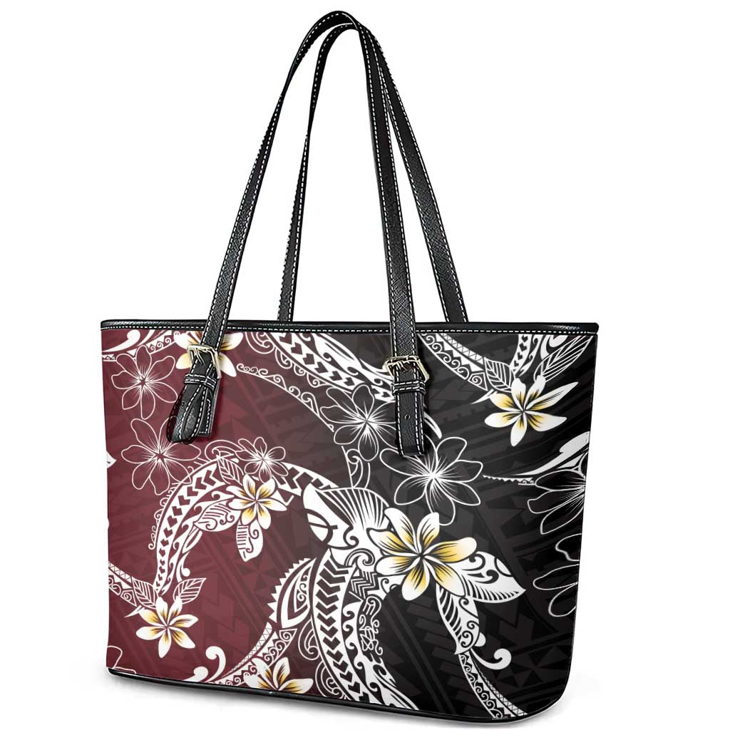 Polynesian Hawaiian Plumeria Tribal Pattern Leather Tote Bag Special Wine Red Version LT01 - Polynesian Pride