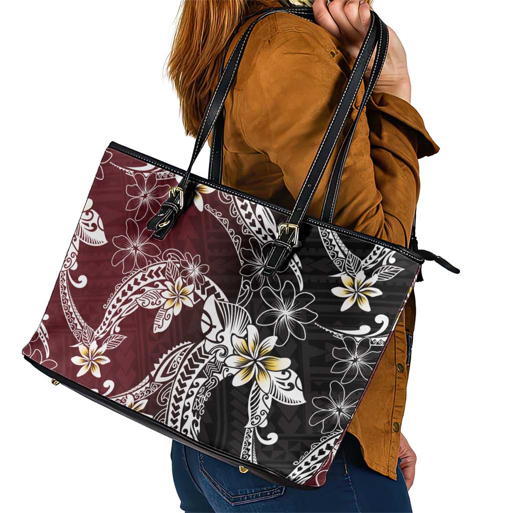 Polynesian Hawaiian Plumeria Tribal Pattern Leather Tote Bag Special Wine Red Version LT01 - Polynesian Pride