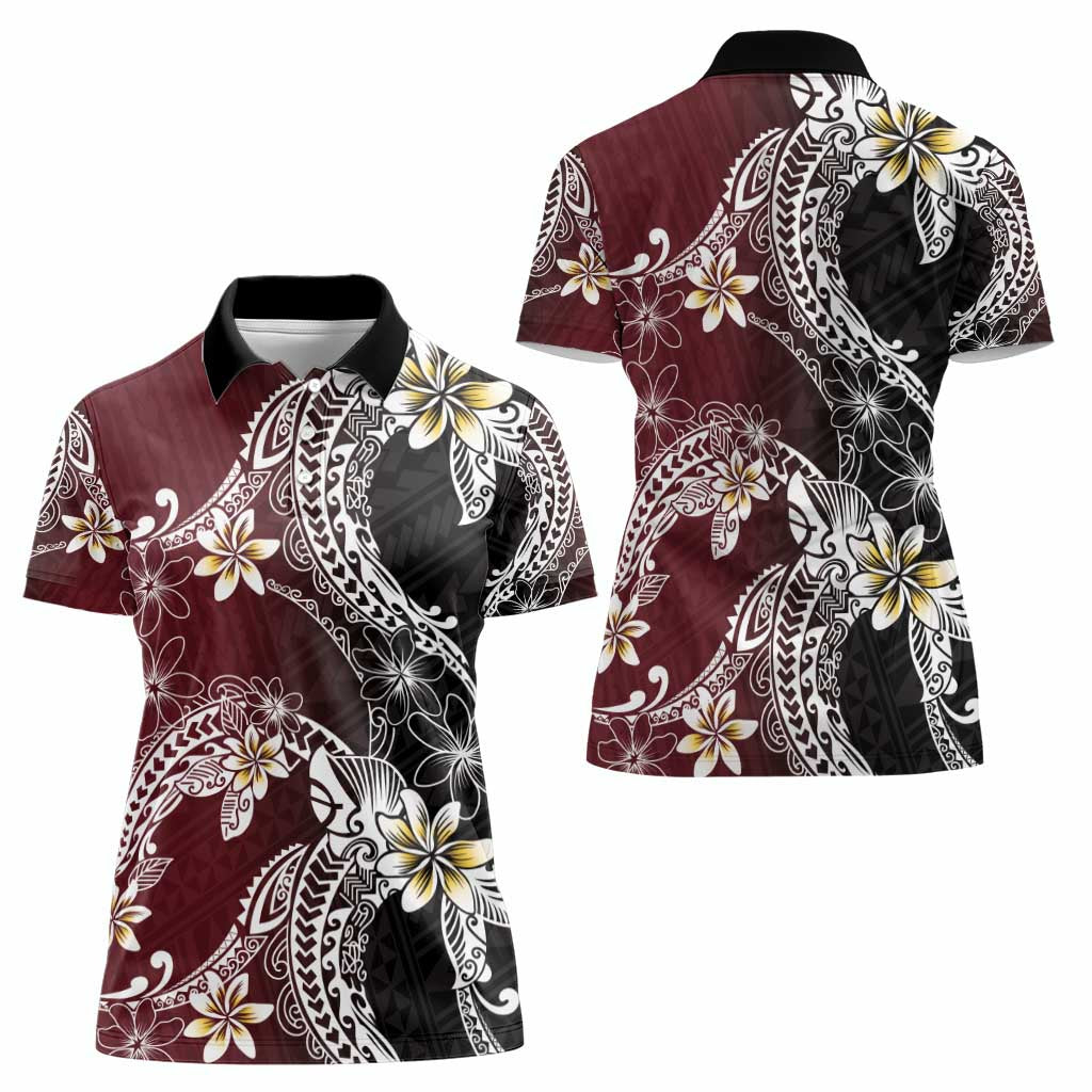 Polynesian Hawaiian Plumeria Tribal Pattern Women Polo Shirt Special Wine Red Version