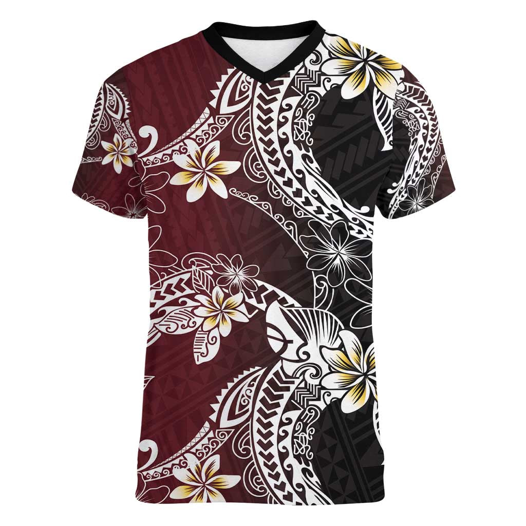 Polynesian Hawaiian Plumeria Tribal Pattern Women V-Neck T-Shirt Special Wine Red Version LT01 Female Red - Polynesian Pride