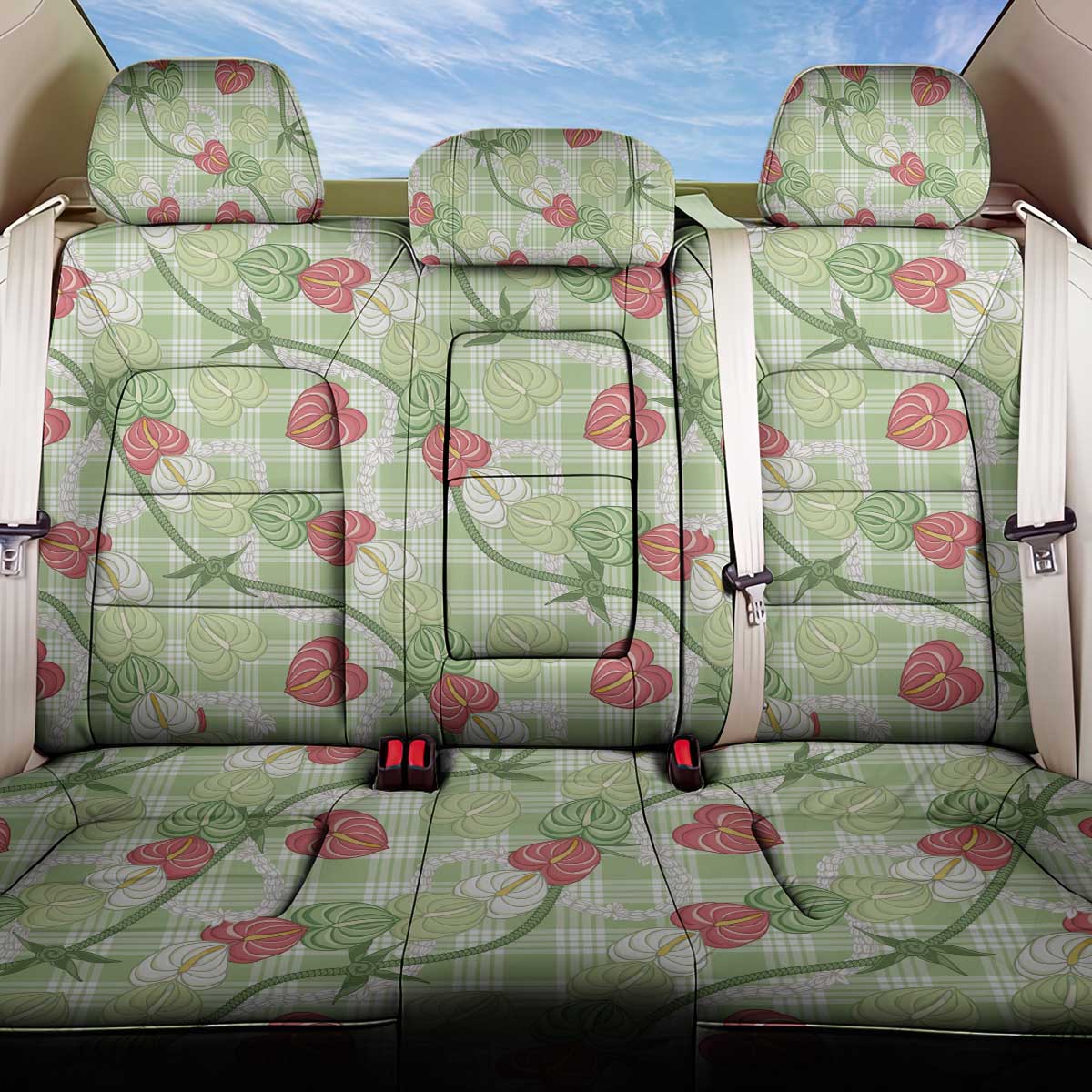 Anthurium Pikake Ti Leaf Palaka Back Car Seat Cover Green Version LT01 One Size Green - Polynesian Pride