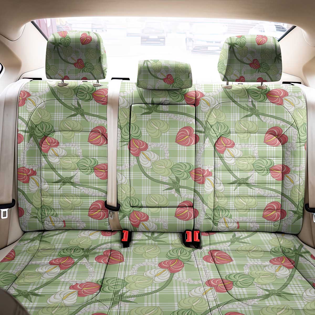 Anthurium Pikake Ti Leaf Palaka Back Car Seat Cover Green Version LT01 - Polynesian Pride