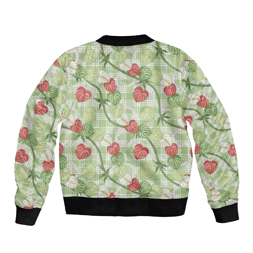 Anthurium Pikake Ti Leaf Palaka Bomber Jacket Green Version LT01 - Polynesian Pride