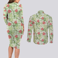 Anthurium Pikake Ti Leaf Palaka Couples Matching Long Sleeve Bodycon Dress and Long Sleeve Button Shirt Green Version