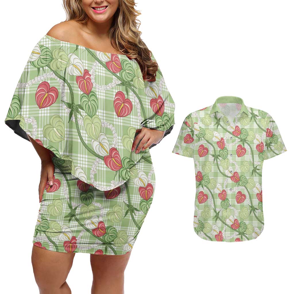 Anthurium Pikake Ti Leaf Palaka Couples Matching Off Shoulder Short Dress and Hawaiian Shirt Green Version