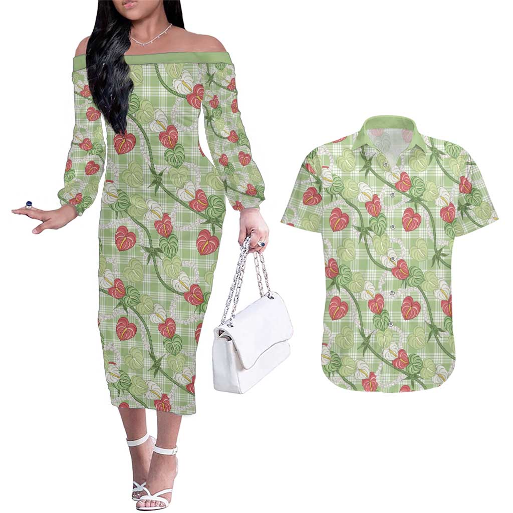 Anthurium Pikake Ti Leaf Palaka Couples Matching Off The Shoulder Long Sleeve Dress and Hawaiian Shirt Green Version LT01 Green - Polynesian Pride