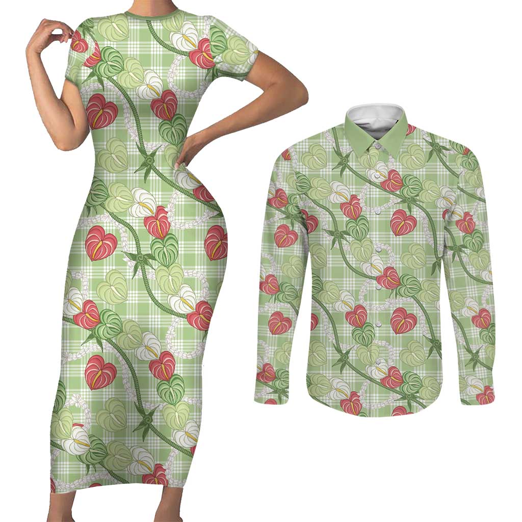 Anthurium Pikake Ti Leaf Palaka Couples Matching Short Sleeve Bodycon Dress and Long Sleeve Button Shirt Green Version