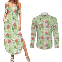 Anthurium Pikake Ti Leaf Palaka Couples Matching Summer Maxi Dress and Long Sleeve Button Shirt Green Version LT01 Green - Polynesian Pride