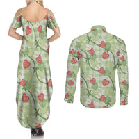 Anthurium Pikake Ti Leaf Palaka Couples Matching Summer Maxi Dress and Long Sleeve Button Shirt Green Version LT01 - Polynesian Pride