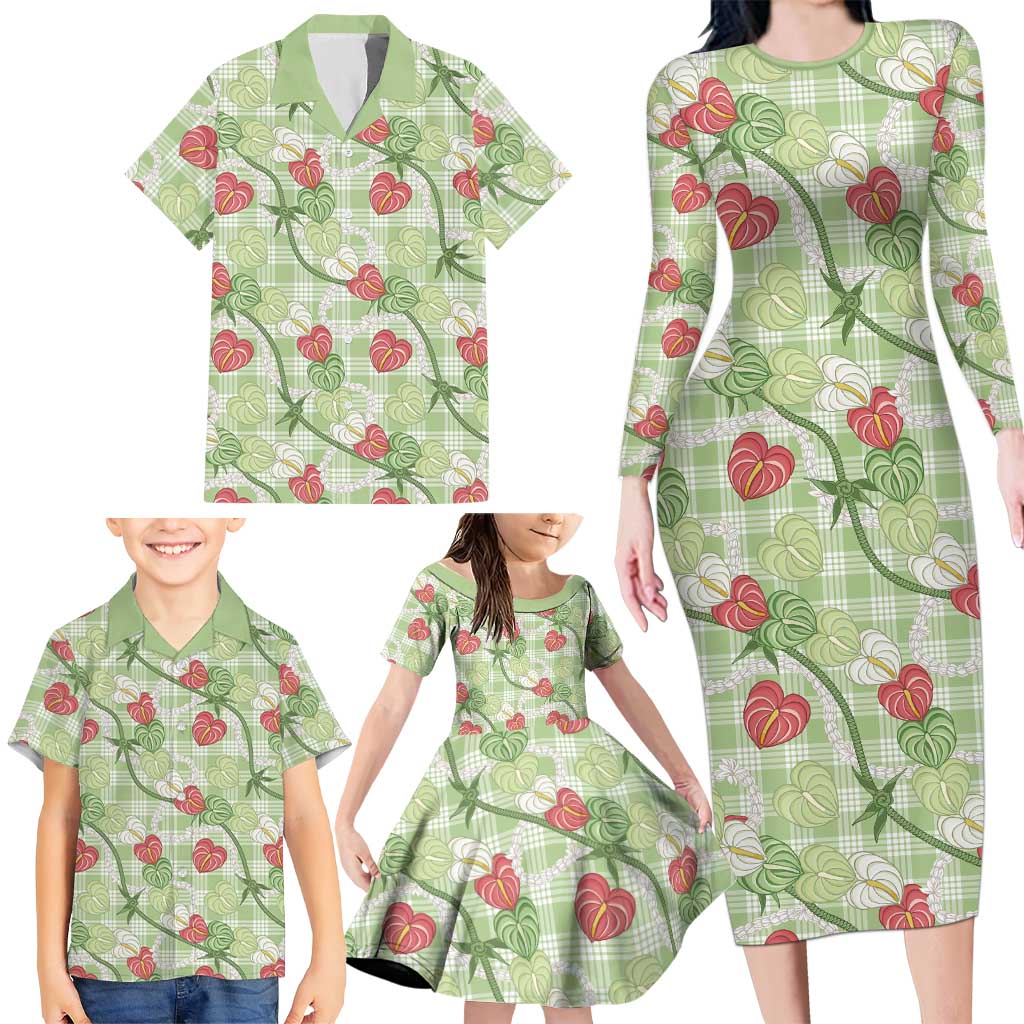 Anthurium Pikake Ti Leaf Palaka Family Matching Long Sleeve Bodycon Dress and Hawaiian Shirt Green Version