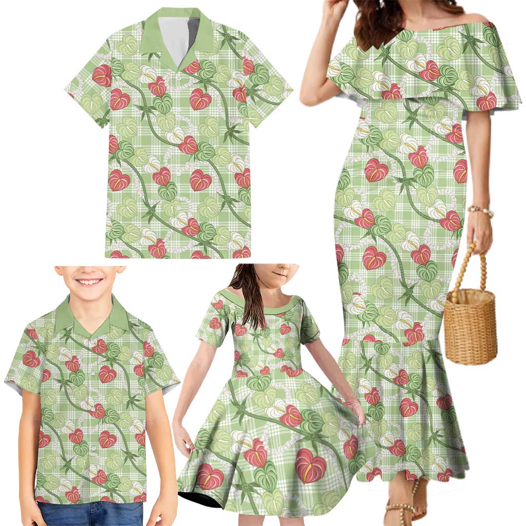 Anthurium Pikake Ti Leaf Palaka Family Matching Mermaid Dress and Hawaiian Shirt Green Version