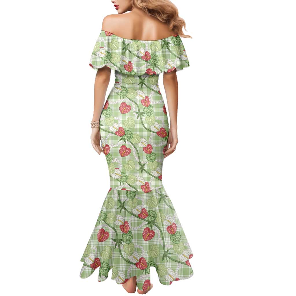 Anthurium Pikake Ti Leaf Palaka Family Matching Mermaid Dress and Hawaiian Shirt Green Version LT01 - Polynesian Pride