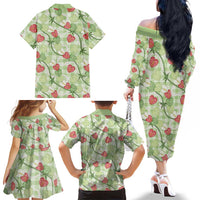 Anthurium Pikake Ti Leaf Palaka Family Matching Off The Shoulder Long Sleeve Dress and Hawaiian Shirt Green Version LT01 - Polynesian Pride