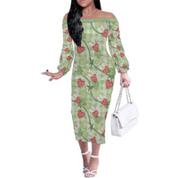 Anthurium Pikake Ti Leaf Palaka Family Matching Off The Shoulder Long Sleeve Dress and Hawaiian Shirt Green Version LT01 Mom's Dress Green - Polynesian Pride