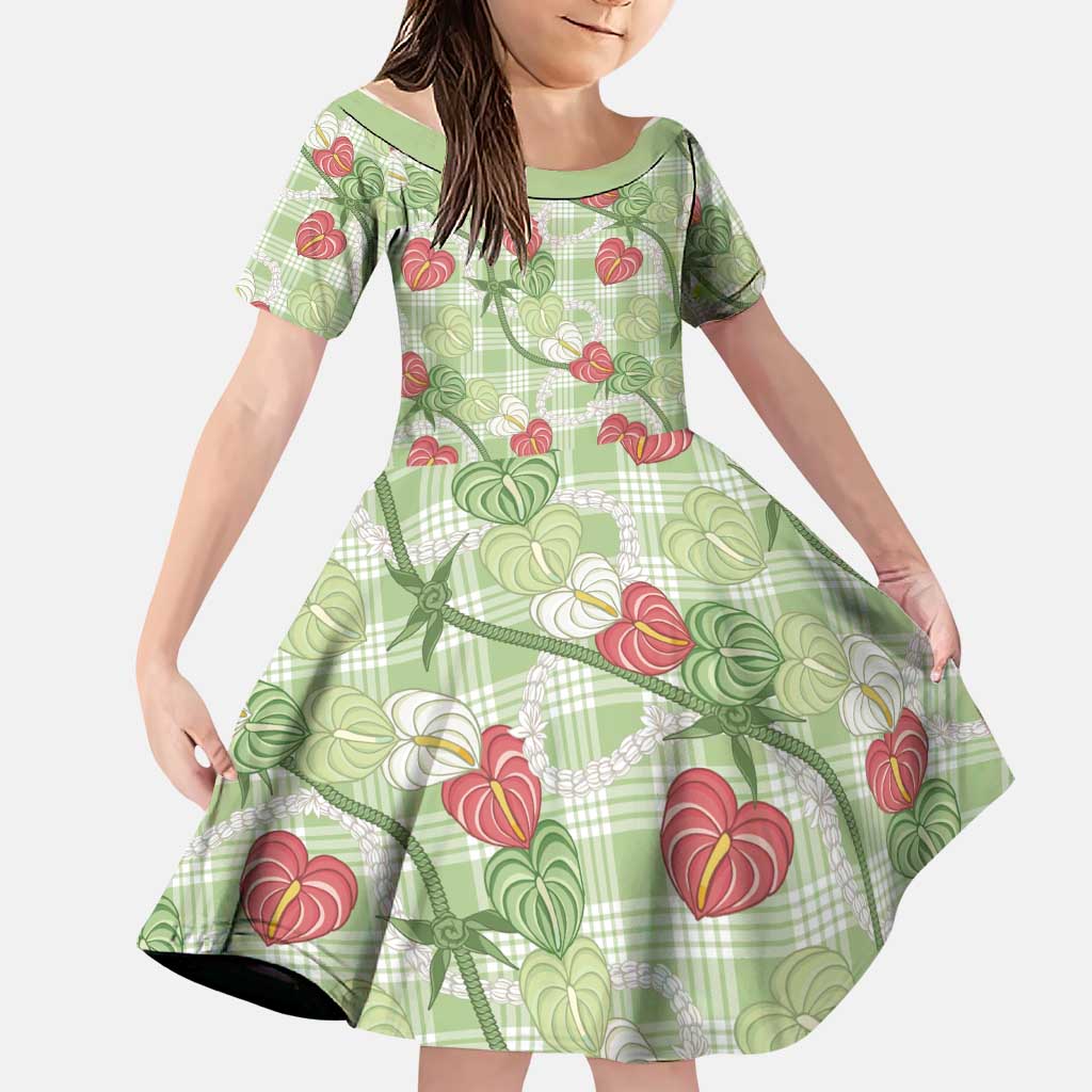 Anthurium Pikake Ti Leaf Palaka Family Matching Off Shoulder Maxi Dress and Hawaiian Shirt Green Version LT01 Daughter's Dress Green - Polynesian Pride