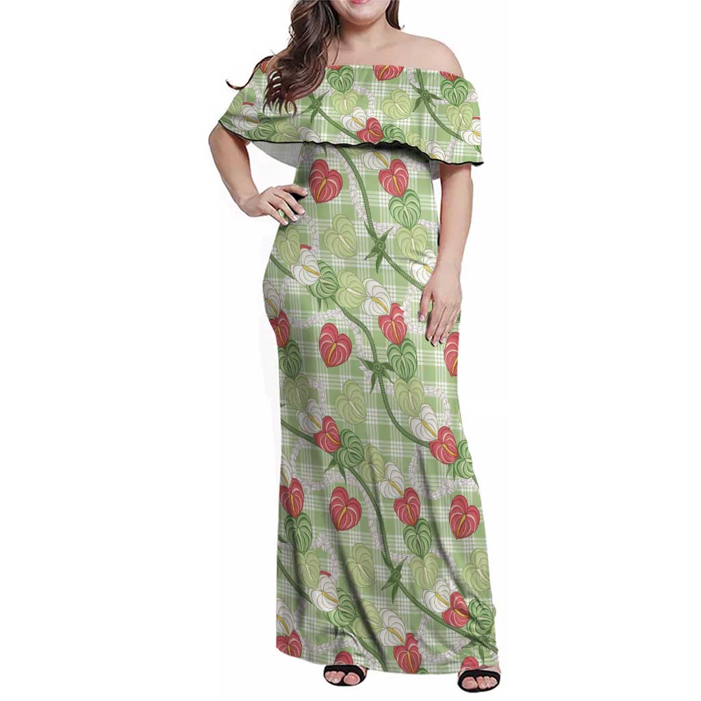 Anthurium Pikake Ti Leaf Palaka Family Matching Off Shoulder Maxi Dress and Hawaiian Shirt Green Version LT01 Mom's Dress Green - Polynesian Pride