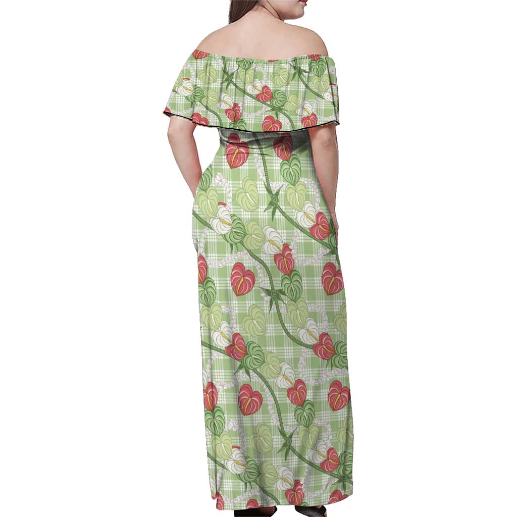 Anthurium Pikake Ti Leaf Palaka Family Matching Off Shoulder Maxi Dress and Hawaiian Shirt Green Version LT01 - Polynesian Pride