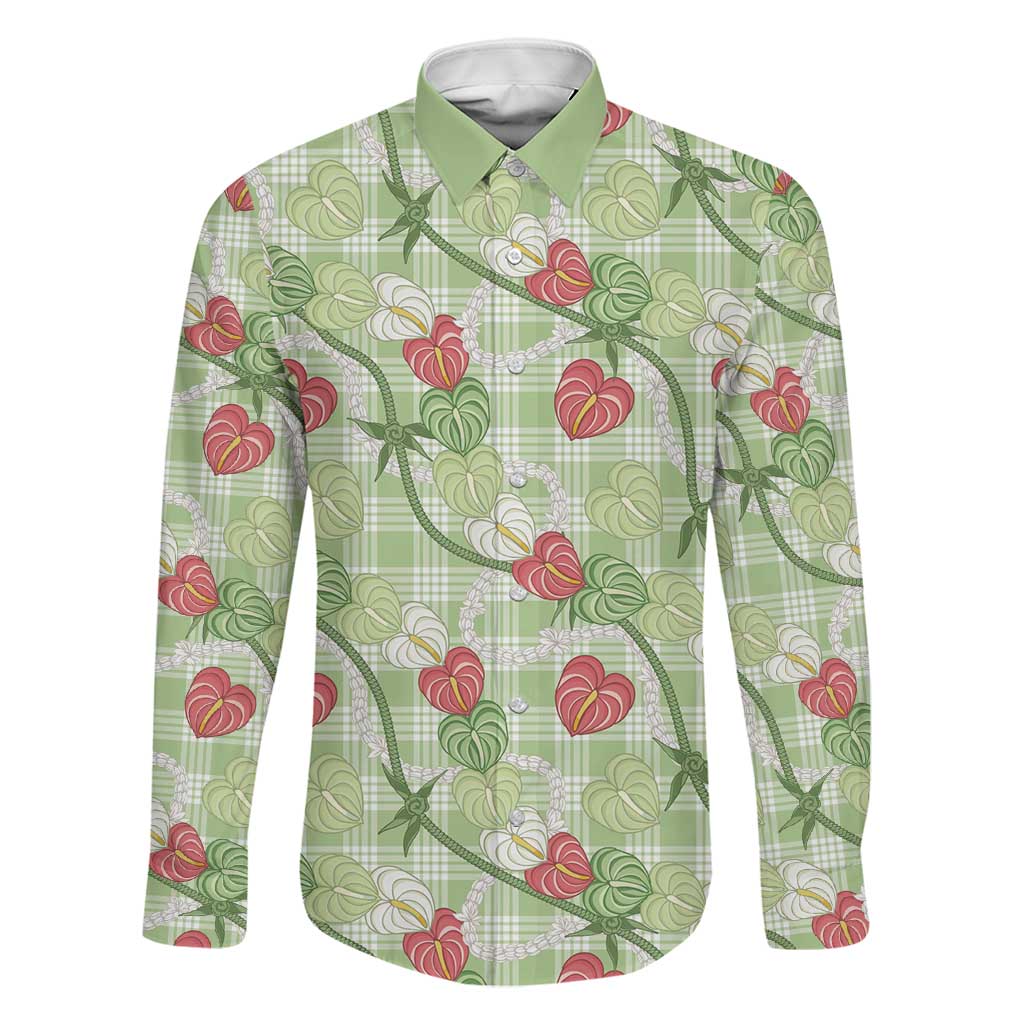 Anthurium Pikake Ti Leaf Palaka Family Matching Off Shoulder Short Dress and Hawaiian Shirt Green Version LT01 Dad's Shirt - Long Sleeve Green - Polynesian Pride