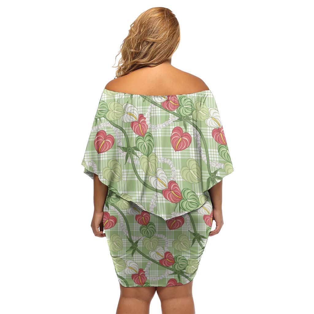 Anthurium Pikake Ti Leaf Palaka Family Matching Off Shoulder Short Dress and Hawaiian Shirt Green Version LT01 - Polynesian Pride
